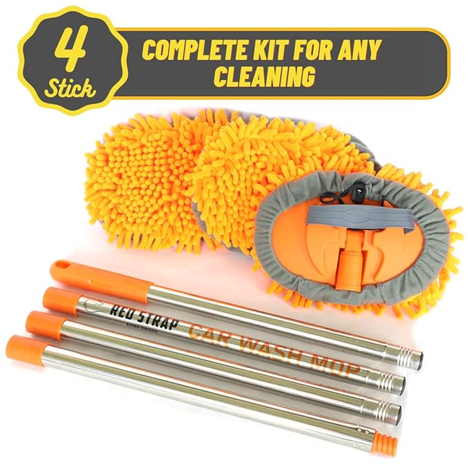 Microfiber Car, Home, Office, Solar Panel Cleaning Mop Kit Sponge Brush with Adjustable Handle - Automotive Supplies Duster Tools 3 Free Chenille Scratch-Free Replacement Head (1.2 Meter, Orange)