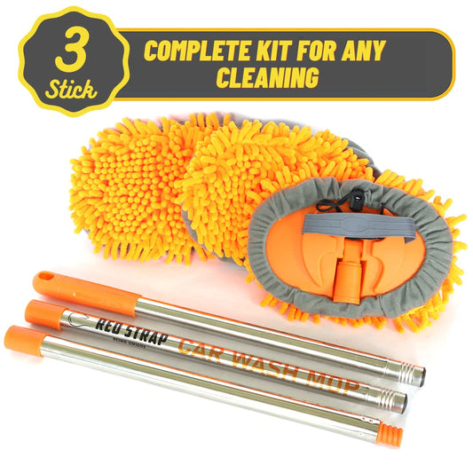Microfiber Car, Home, Office, Solar Panel Cleaning Mop Kit Sponge Brush with Adjustable Handle - Automotive Supplies Duster Tools 3 Free Chenille Scratch-Free Replacement Head (1.2 Meter, Orange)