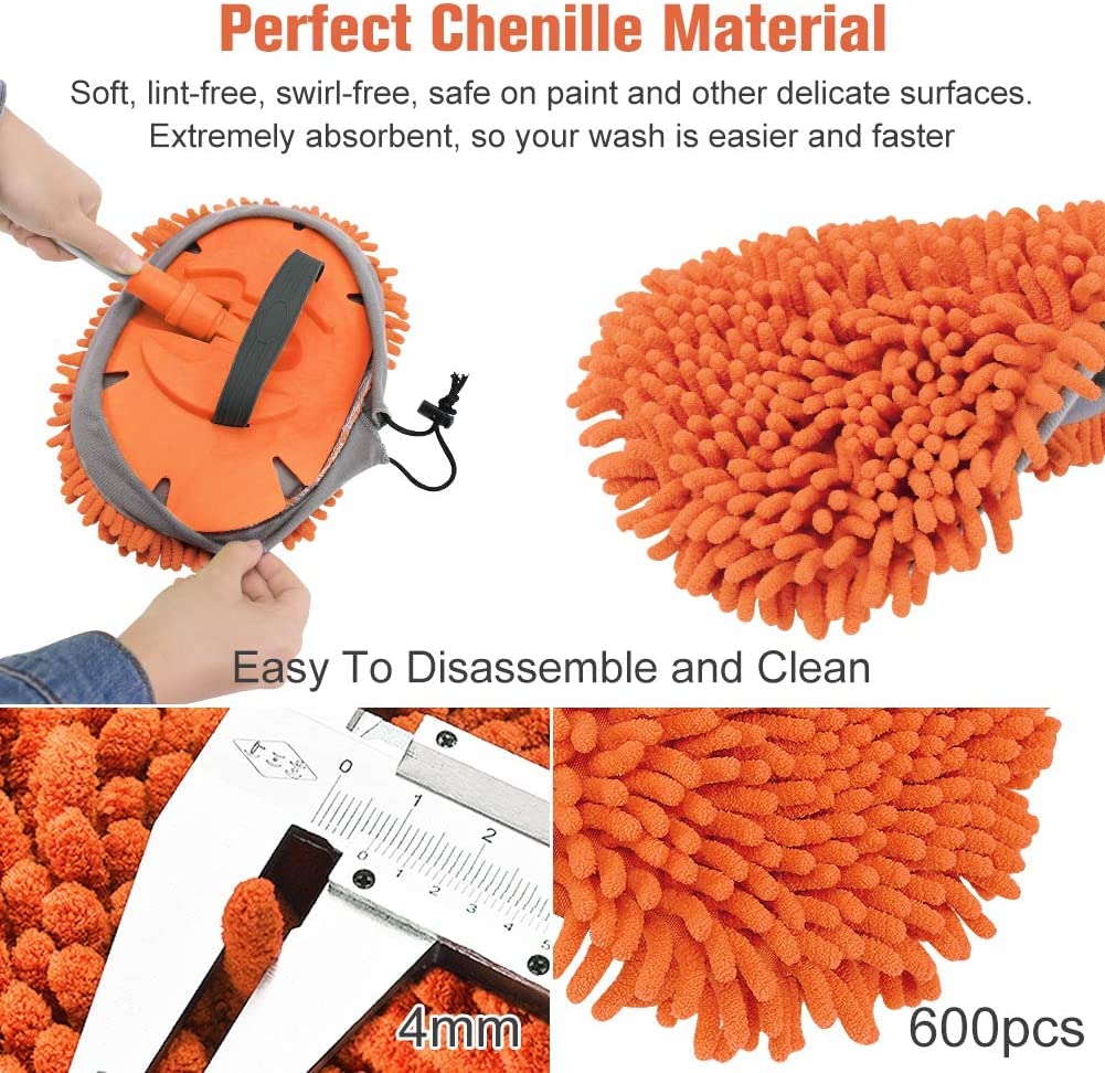 Microfiber Car, Home, Office, Solar Panel Cleaning Mop Kit Sponge Brush with Adjustable Handle - Automotive Supplies Duster Tools 3 Free Chenille Scratch-Free Replacement Head (1.2 Meter, Orange)