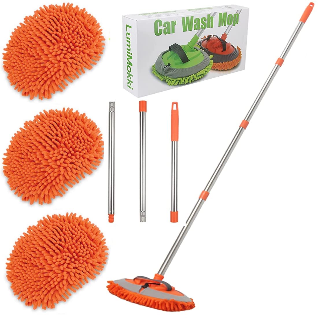 Microfiber Car, Home, Office, Solar Panel Cleaning Mop Kit Sponge Brush with Adjustable Handle - Automotive Supplies Duster Tools 3 Free Chenille Scratch-Free Replacement Head (1.2 Meter, Orange)