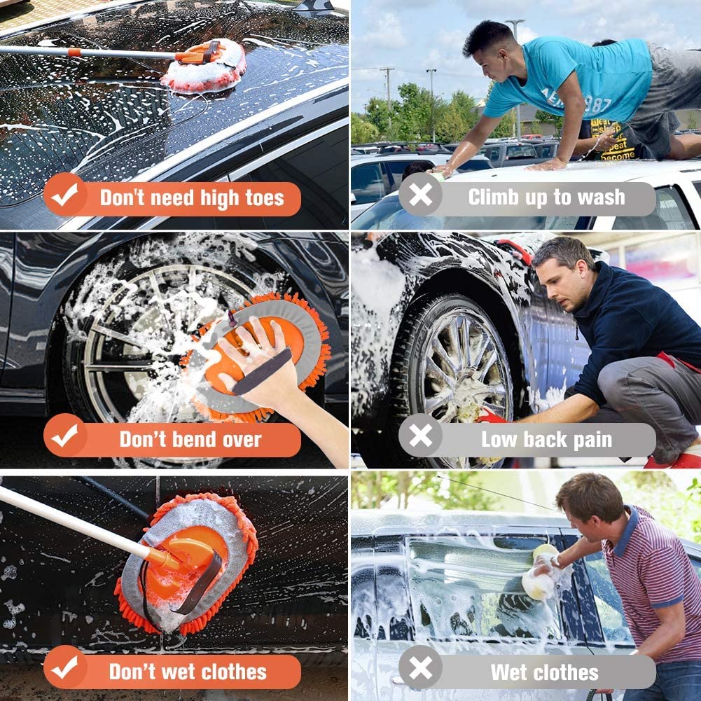 Microfiber Car, Home, Office, Solar Panel Cleaning Mop Kit Sponge Brush with Adjustable Handle - Automotive Supplies Duster Tools 3 Free Chenille Scratch-Free Replacement Head (1.2 Meter, Orange)