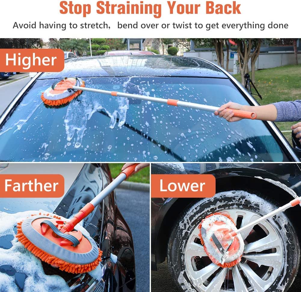 Microfiber Car, Home, Office, Solar Panel Cleaning Mop Kit Sponge Brush with Adjustable Handle - Automotive Supplies Duster Tools 3 Free Chenille Scratch-Free Replacement Head (1.2 Meter, Orange)